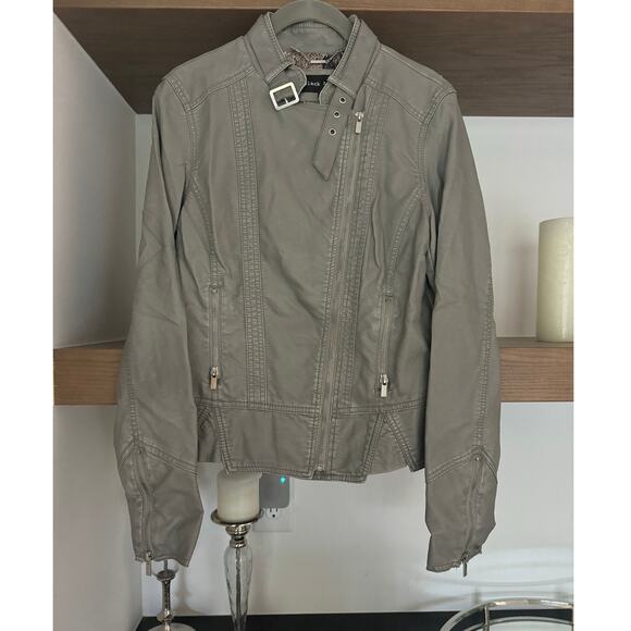 Black Rivet Faux Leather Motorcycle Jacket in Grey - Picture 1 of 7